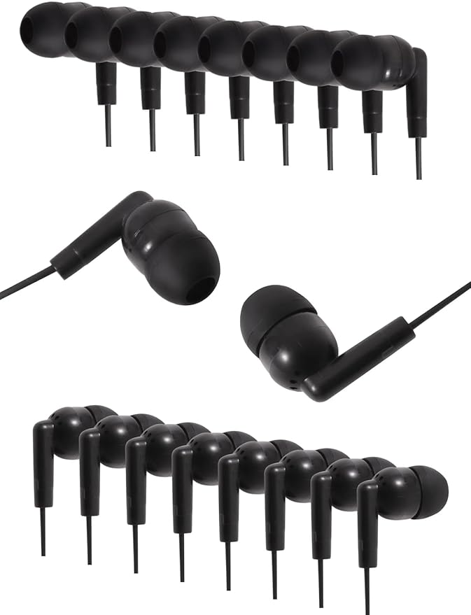 50 Pack Bulk Earbuds Headphones Classroom Set Wired in Ear Student Ear Buds for School Individually Packed (Black)