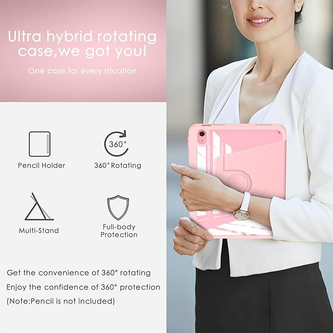 Soke Rotating Case for iPad (A16) 11th Generation 2025 iPad 10th Gen 2022 with Pencil Holder [Shockproof + Auto Sleep/Wake] 360 Degree Rotation Clear Back for iPad 11/10.9 - Pink