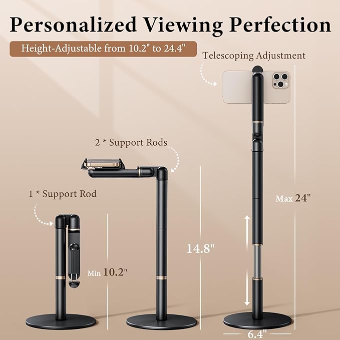 Height/Angle Adjustable Phone Holder 10-25 Retractable Tall Phone Stand for Desk720°Rotatable+180flip Phone Holder Stand for Video Calls Kitchen Table Office Etc -Clip Type