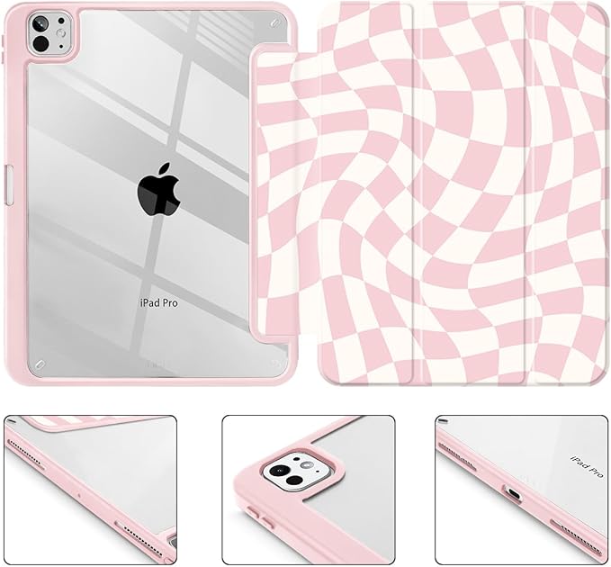 Mektron Case for M5/ M4 iPad Pro 11 inch 2025/2024 with Pencil Holder Compatible Models: A3357/A3358/A3359/A2836/A2837/A3006 Shockproof Cover Clear Shell Wave Striped-Pink