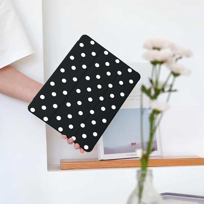 Cute White Polka Dot for iPad Pro 11 Inch Case (M5/M4) 2025/2024 with Pencil Holder Auto Sleep/Wake Black Leather Soft TPU Back Cover
