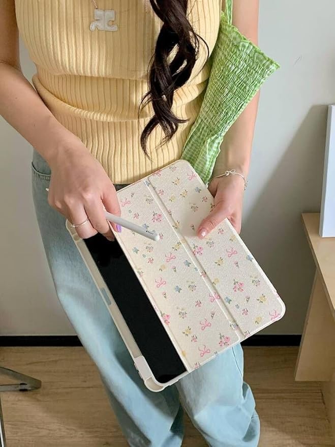 Slim Leather Hard Folio Case with Adjustable Stand Pencil Holder for Apple Cream White Pink Bow Flower Floral Chic Cute Lovely Adorable Girls Kids (for iPad Air 13-inch M2 2024)