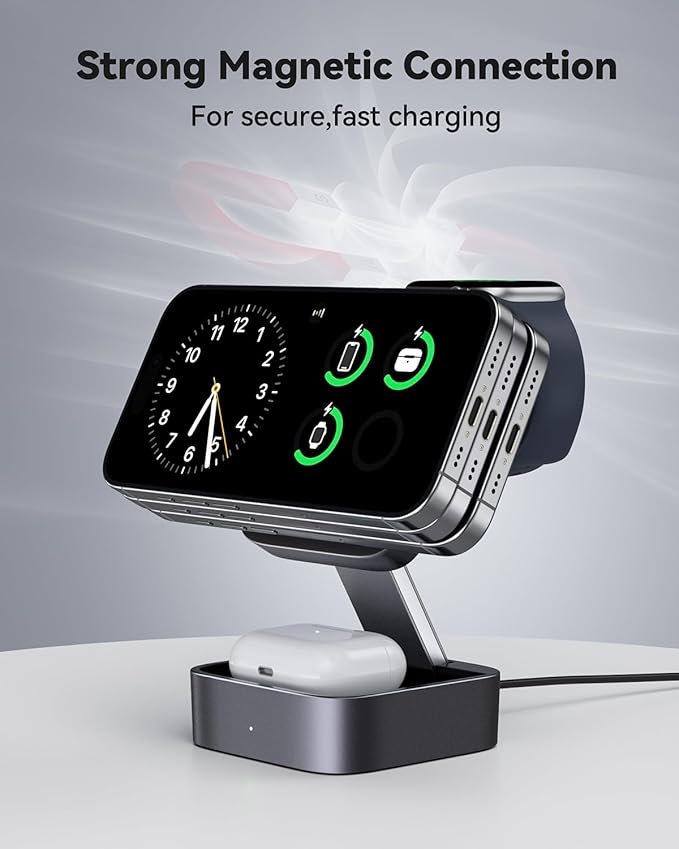 3 in 1 Wireless Charging Station for Apple Devices Magnetic Foldable Travel Fast Charger Stand Compatible with MagSafe for iPhone Air/17/16/15/14/13/12 Series Apple Watch &amp AirPods Pro/4/3/2-Bla