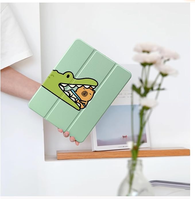 Cute Kawaii Capybara Crocodile for iPad Air 11 Inch Case 7th/6th Generation (M3/M2) 2025/2024 with Pencil Holder Auto Sleep/Wake Green Leather Clear Acrylic Back Cover
