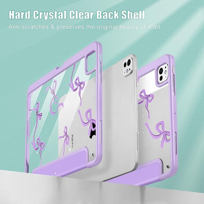 May Chen Case for iPad Pro 11-Inch M5/M4 2025/2024 (6th/5th Generation) Clear Transparent Print Back Shell Slim Stand Shockproof Tablet Cover Auto Wake/Sleep Purple Bows