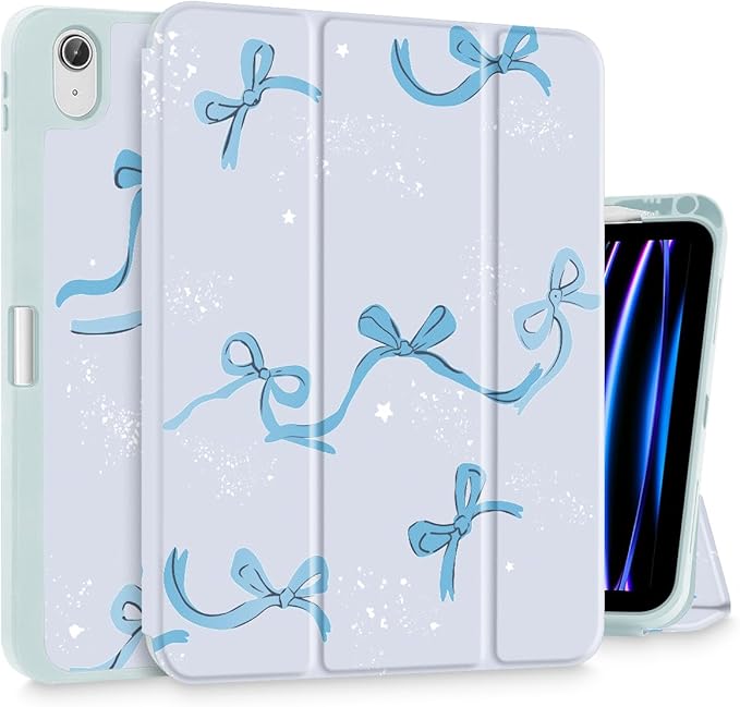 Tuiklol Case for iPad 10.2 Inch 2021 2020 2018 Release 9th / 8th / 7th Generation Built-in Pencil Holder TPU Protective Stand Back Cover Trifold Stand-Auto Wake/Sleep Bow-Blue
