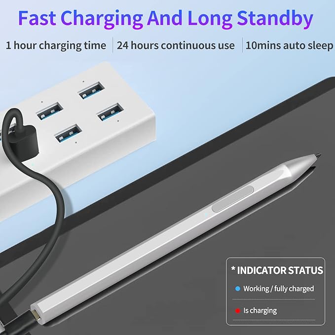 Stylus for Microsoft Surface Pro9/8/7/6/5/4/3/X Surface Laptop/Book/Studio Surface 3/Go/Go2/Go3 4096 Pressure Sensitivity Magnetic Attachment USB Charging Palm Rejection Function Silver
