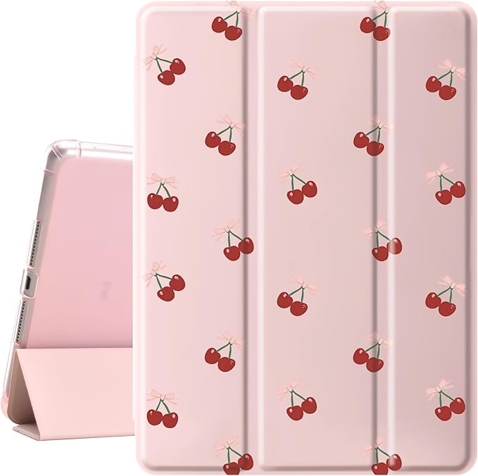 Idocolors Cute Kawaii Bow Cherries Pad Case for 10.5 Inch iPad Pro(2017)/iPad Air 3 Clear TPU Smart Stand Back Cover with Pencil Holder Auto Wake/Sleep Foldable Protective Case for Women Girls