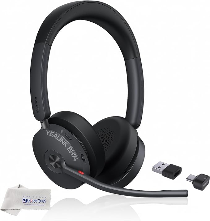 Yealink Headset BH74 Bluetooth Wireless On-ear Acoustic Shield Mic &amp Hybrid ANC Long Battery All-Day Comfort Dual Busylight Teams Certified Ideal for Office Remote and On-the-Go with Cloth