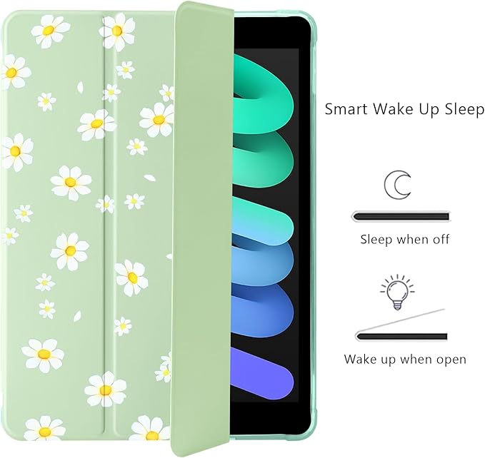 Cute Floral Flower for iPad mini 7 A17 Pro 2024/iPad Mini 6 Case with Pencil Holder Auto Sleep/Wake Green Leather Soft TPU Back Cover