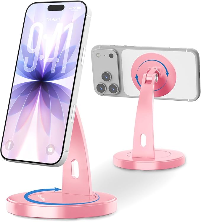 Magnetic Phone Stand for Desk – 360° Rotating Aluminum Phone Holder Stable Desk Stand for Office Home &amp Kitchen Compatible with iPhone 17 Pro Max 16–12 Series and MagSafe Cases Rose Gold