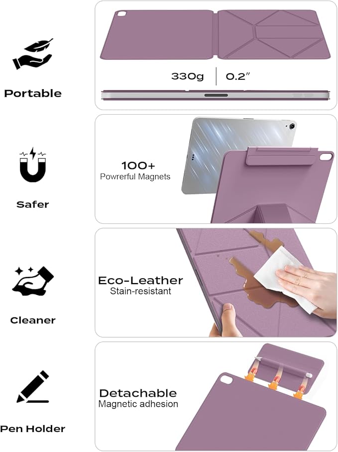 JKSML Dynamic Folio Case for iPad Air M4/M3/M2 11 &amp Air 4th/5th Gen 10.9 Detachable Pencil Holder 20+ Multi-Angle Origami Cover Slim &amp Ergonomic &amp Powerful Magnetic - Berry Purple