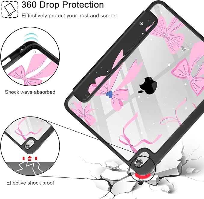 May Chen for iPad (A16) 11th Generation Case 11 Inch 2025 iPad 10th Gen Case 2022 10.9 inch Built-in Pencil Holder with Shockproof Cover Clear Transparent Back Shell Auto Wake/Sleep Black Cute Bows