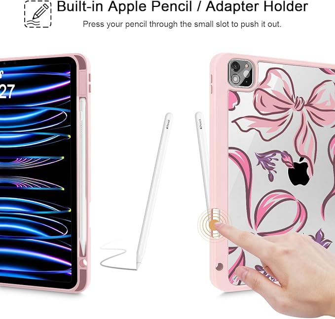 Mektron Case for iPad Pro 11 inch (4th 3rd 2nd &amp 1st Gen) 2022 2021 2020 2018 Buit in Pencil Holder with Shockproof Cover Clear Shell + Auto Wake/Sleep Flowers-Bows-Pink