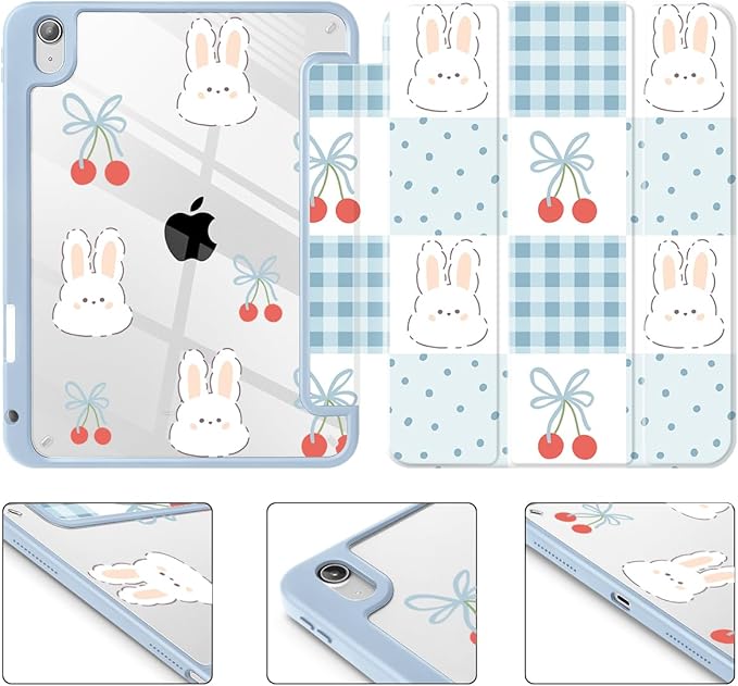 Tuiklol for 2025 iPad (A16 Chip) 11th Generation 11 inch/iPad 10th Gen 10.9 inch 2022 Case Buit in Pencil Holder with Clear Back Shell Cover Trifold Stand Auto Wake/SleepGrid-Rabbit