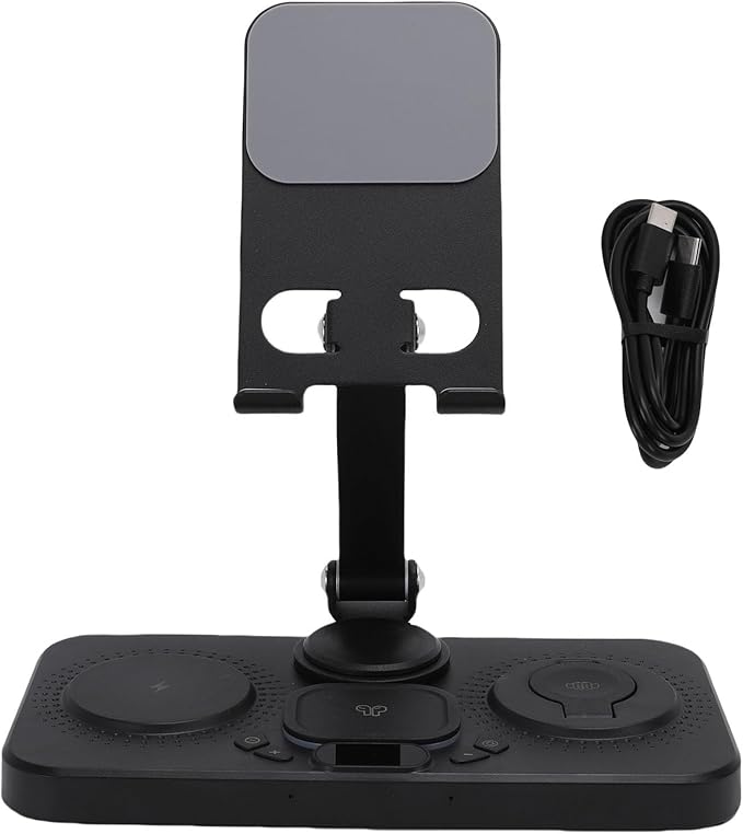 JTLB 6 in 1 Wireless Charger for IOS Device with Alarm Clock and 6 Color Ambient Light 15W Foldable Wired Charging Station (Black)