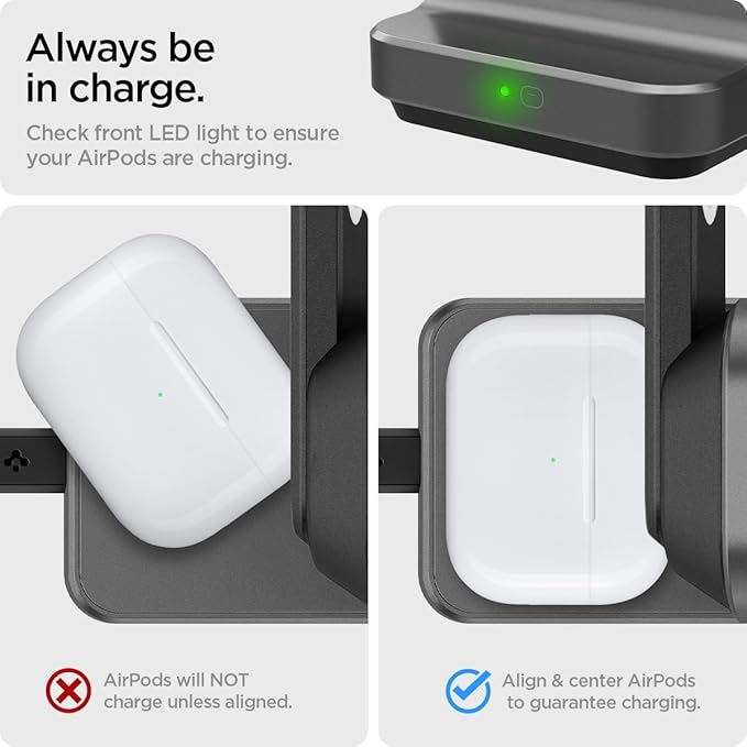 Spigen for 3 in 1 Charging Station Qi2 MagSafe Charger Stand 15W Compatible with iPhone 17/16/15/14/13/12 Apple Watch Ultra 3/2/1 Apple Watch 11/10/9/8/7/6/5/4/3/2/1/SE AirPods Pro 3/2/1 AirPods 4/3