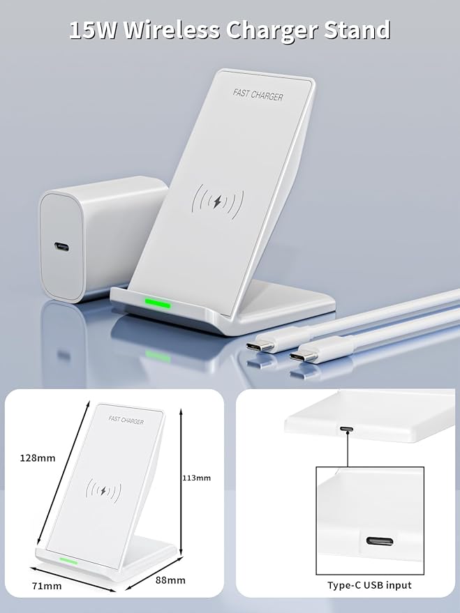 Wireless Phone Charger Stand15W Fast Android Wireless Charger Station for iPhone 17/17 Air/17 Pro Max/15/14/13 15W Fast Charging for Samsung Galaxy S23 S22 S21 with 20W USB C Charging Block Adapter