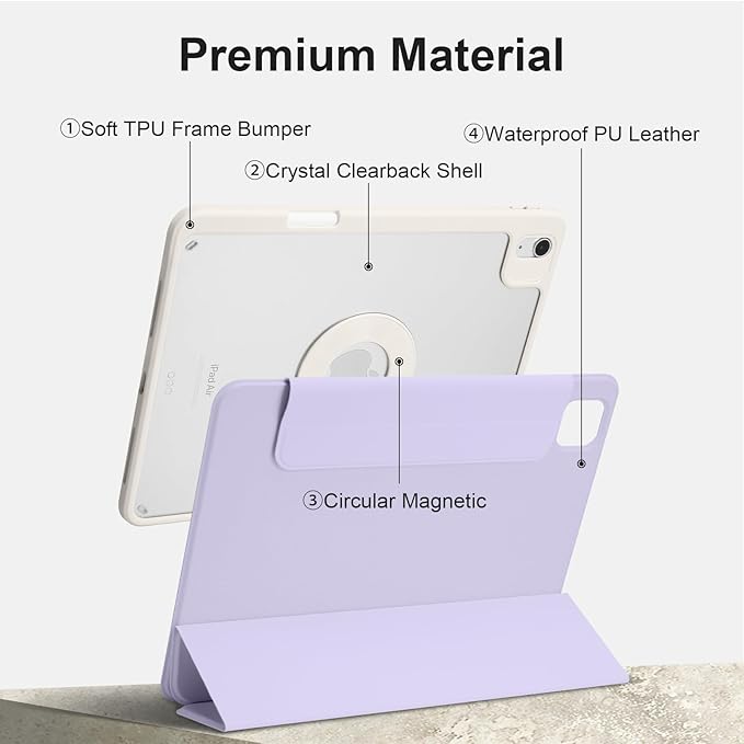 Case for iPad Air 11 M4/M3/M2 2026/2025/2024 iPad Air 10.9 5th/4th 2022/2020 iPad Pro 11 4th/3rd/2nd 2022/2021/2020 with Pencil Holder Vertical Stand Detachable Magnetic Lilac+White