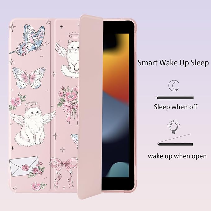 Cute Kawaii Cat Butterfly for iPad 7th/8th/9th Generation Case with Pencil Holder Auto Sleep/Wake Pink Leather Soft TPU Back Cover for iPad 10.2 Inch 2019/2020/2021