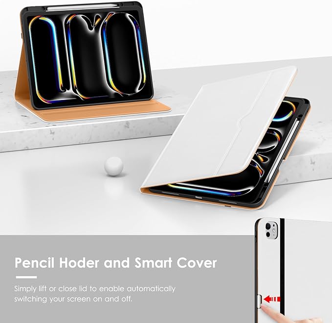 VIKESI Case for iPad Pro 13-inch M5 or M4 Released in 2025 or 2024 Leather Stand Cover with Apple Pencil Holder Auto Wake/Sleep Multiple Viewing Angles Built in Hand Strap &amp PocketWhite