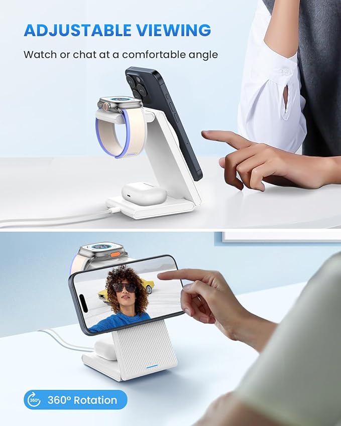 Wireless Charger Magnetic for Apple Devices - JoyGeek 3 in 1 Foldable Charging Station for Magsafe Compatible with iPhone 16 15 14 13 12 Pro Max Plus Apple Watch 10 9 8 7 6 5 4 SE AirPods 4/3/2/Pro