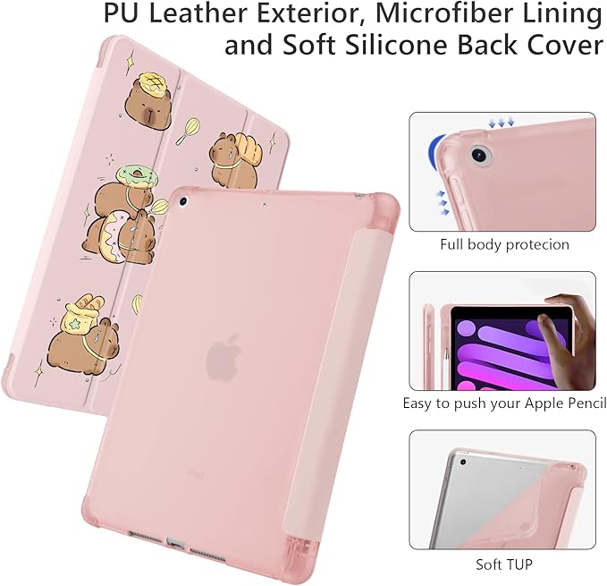 Cute Kawaii Capybara for iPad Pro 11 Inch Case (M5/M4) 2025/2024 with Pencil Holder Auto Sleep/Wake Pink Leather Soft TPU Back Cover