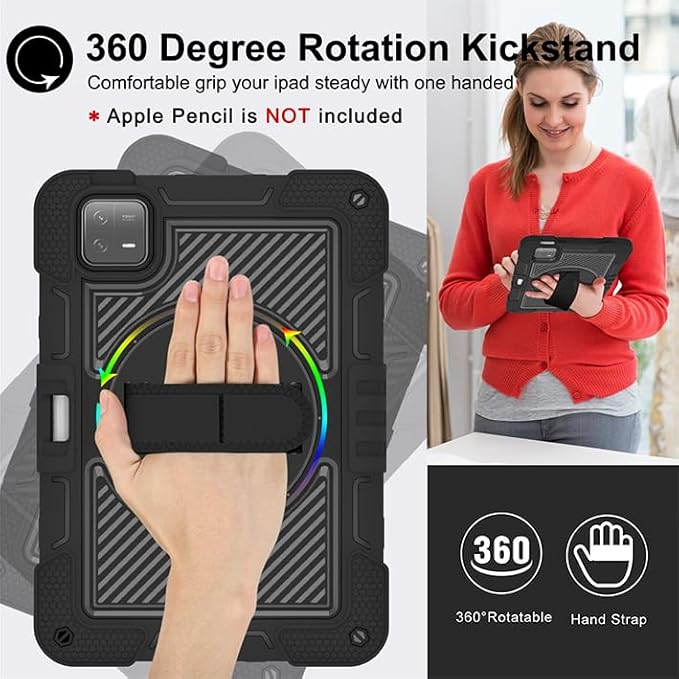 Tablet Case for Xiaomi Pad 6 Pro/Xiaomi Pad 6 23043RP34C 23043RP34G 11.0 inch Tablet Shockproof Cover with 360° Rotating Stand and Wrist Strap Shoulder Strap Completely Black