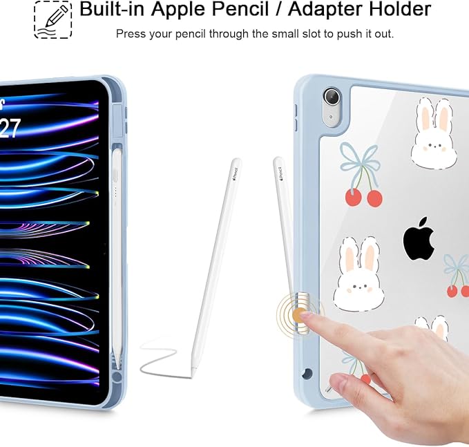 Tuiklol for 2025 iPad (A16 Chip) 11th Generation 11 inch/iPad 10th Gen 10.9 inch 2022 Case Buit in Pencil Holder with Clear Back Shell Cover Trifold Stand Auto Wake/SleepGrid-Rabbit