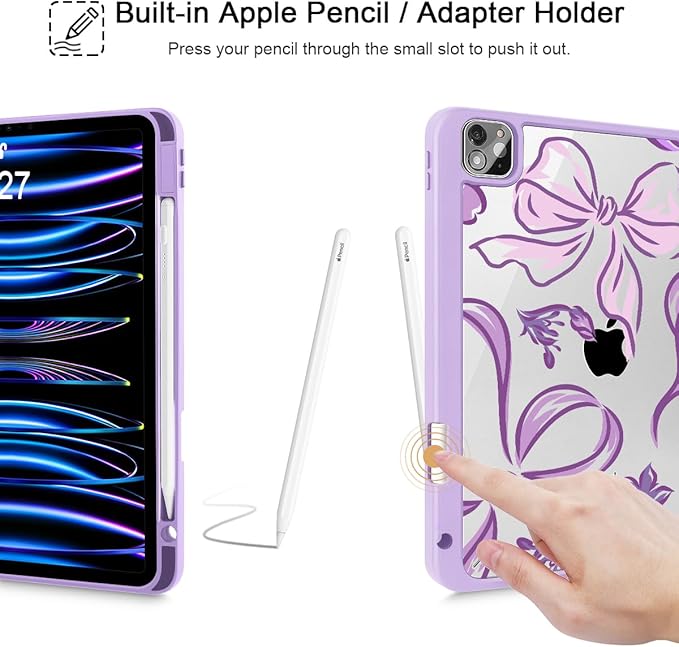 Mektron Case for iPad Pro 11 inch (4th 3rd 2nd &amp 1st Gen) 2022 2021 2020 2018 Buit in Pencil Holder with Shockproof Cover Clear Shell + Auto Wake/Sleep Flowers-Bows-Purple