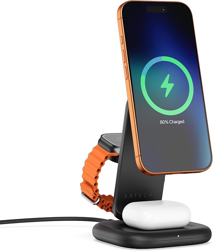 Satechi 3-in-1 Qi2 Wireless Charging Station 25W Fast Magnetic Charger Foldable Charging Stand for iPhone 17 Apple Watch Series 11 AirPods 45W USB C Adapter Included Space Black