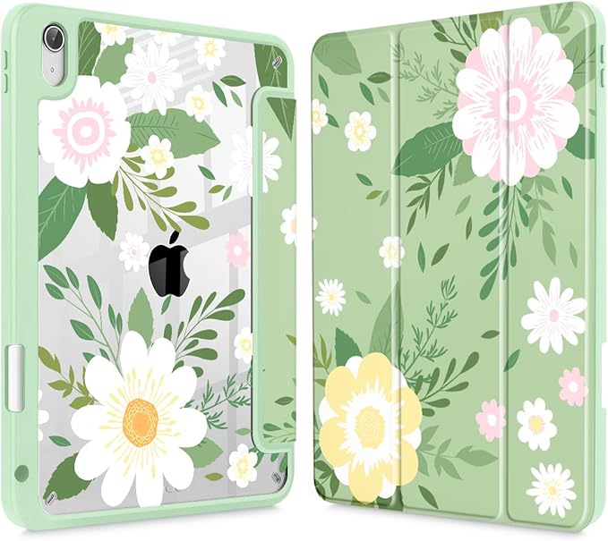 Tuiklol Case for iPad Air 11 Inch (M3 2025/M2 2024) / iPad Air 10.9 Inch 2022 2020 Air 5th /4th Gen Buit in Pencil Holder with Shockproof Cover Clear Transparent Back Auto Wake/Sleep Flowers Green