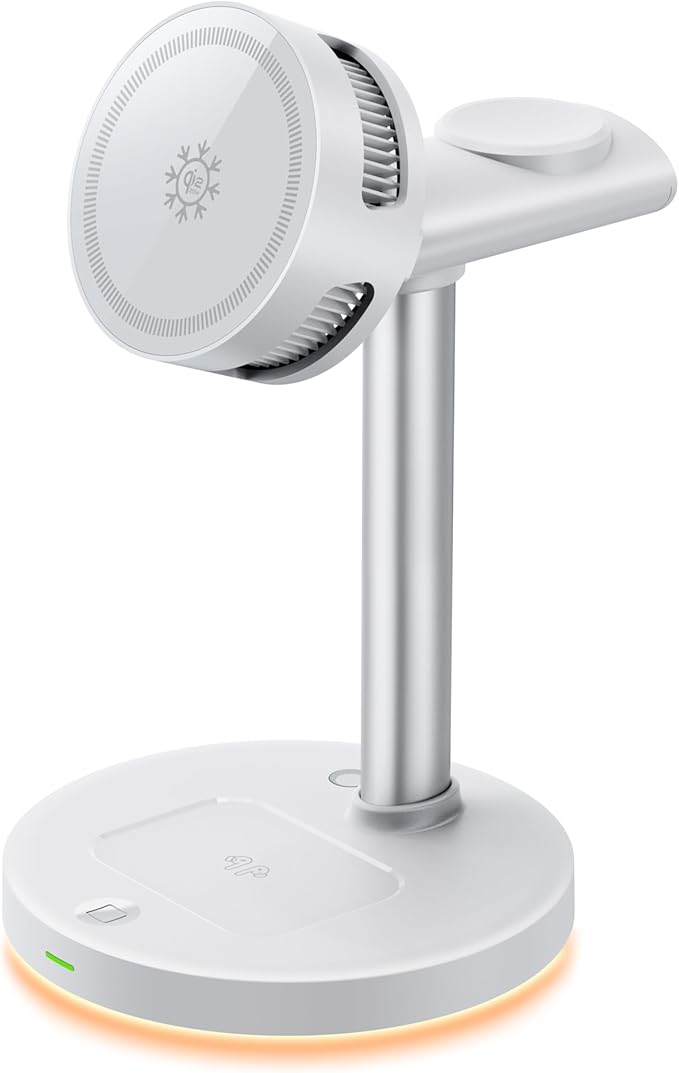QI 2.2 25W Wireless Charger with Cooling Fan Smart Magnet Charger Stand for Apple Products 3 in 1 Magnetic Charging Station for iPhone 17/1615/14/13/12 Series Airpods Apple Watch (White)