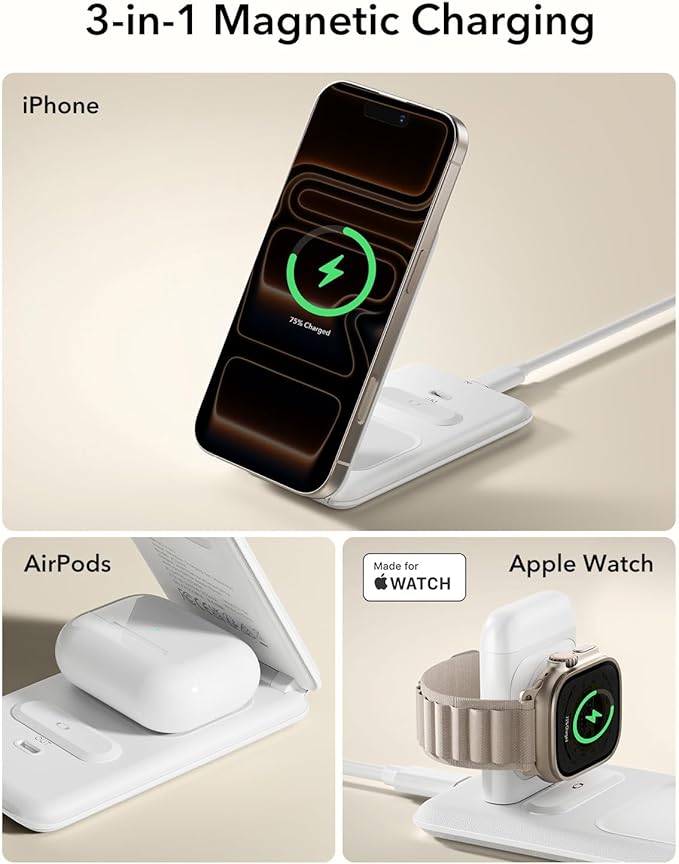 ESR 3 in 1 Charging Station for Apple 15W MagSafe Charger Stand MagSafe Travel Charger for iPhone 17/16/15/14/13/12 Series Watch AirPods White (Bag Included)