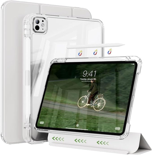 Case for iPad Air 13 Inch M3/M2 (2025/2024) &amp Pro 12.9 Inch 6th/5th/4th/3rd Generation 2022/2021/2020/2018 with Pencil Holder 2 in 1 Detachable Trifold Sliding Cover with Clear Back Shell Gray