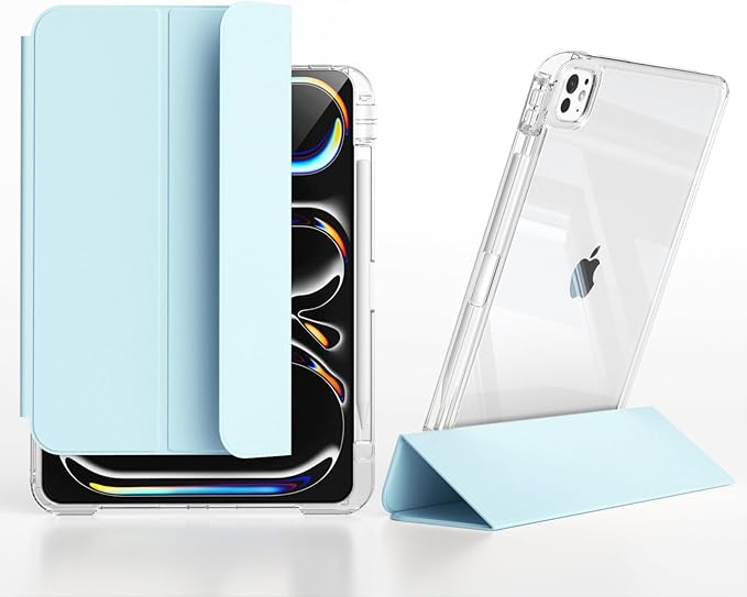 Slim Case for iPad Pro 11 Inch 4th/3rd/2nd Generation (2022/2021/2020) Clear Case with Pencil Holder Slide to Separate Auto Sleep/Wake Detachable Trifold with Stand Leather Cute Cover (Blue)
