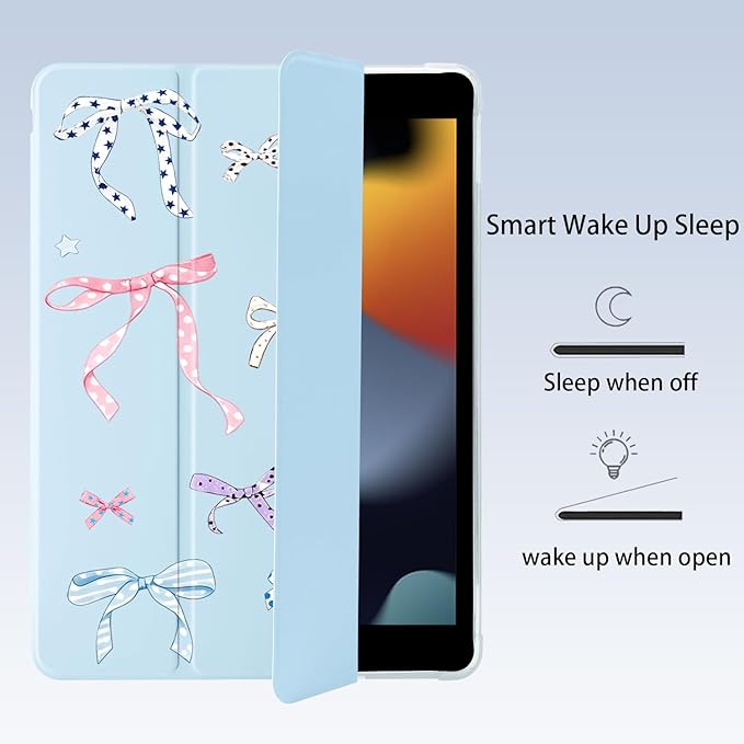 Cute Kawaii Ribbon Bow for iPad Pro 11 Inch Case (M5/M4) 2025/2024 with Pencil Holder Auto Sleep/Wake Blue Leather Soft TPU Back Cover