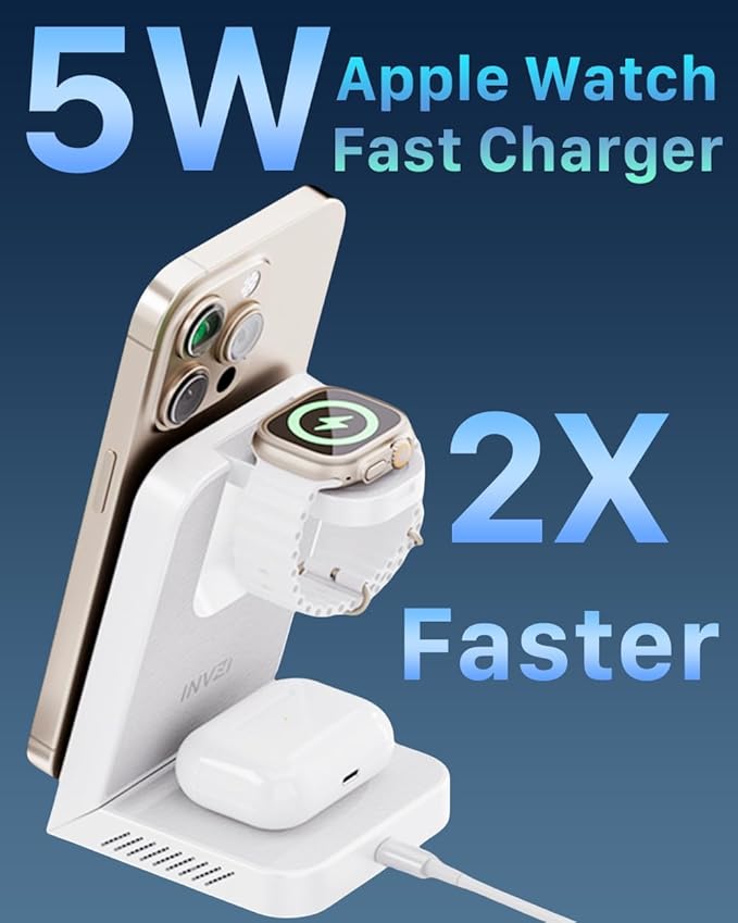 3-in-1 Fast Wireless Charging Station Multiple Devices MagFree Transform 15W Magnetic Travel Charger Stand for iPhone 16/15/14/13/12 5W Apple Watch Fast Charger AirPods - 30W USB-C Charger Included