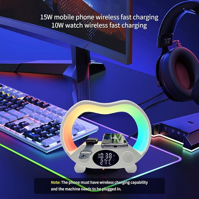 IHAO 6in1 Wireless Charging Station with Bluetooth Speaker Time&ampTemperature Display Alarm Clock 7-Color LED Night Lights Fast Charger for Phone Apple Watch Earbuds Remote Control Auto Shutoff-Wh