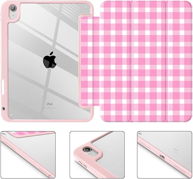 Case for iPad (A16) 11th Generation 11 Inch (2025) iPad 10th Generation 10.9 Inch (2022) Shockproof Cover with Clear Transparent Back Shell &amp Pencil Holder Pink Plaid