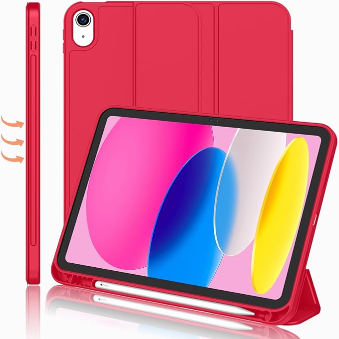 iMieet (A16) Case 11th Gen / 10th Generation Case [11-Inch 2025/10.9 Inch 2022] with Pencil Holder Trifold Stand Smart Cover with Soft TPU BackAuto Wake/Sleep(Red)