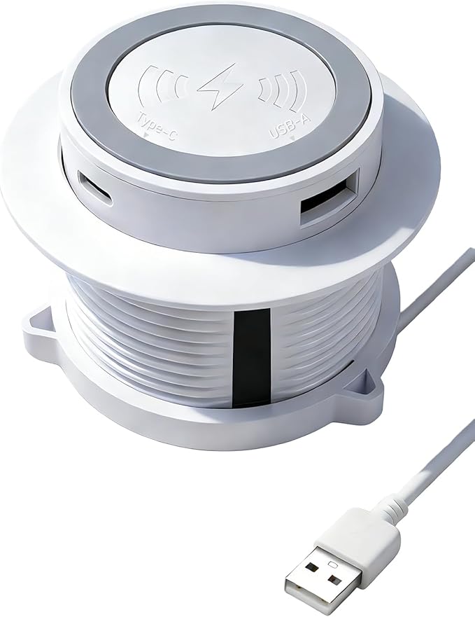 Desktop Wireless Charger Pop Up 15W Fast Retractable Desktop Charger Invisible Charging Station with USB A and Type C Ports Recessed Desktop Charging for Desk Furniture - White