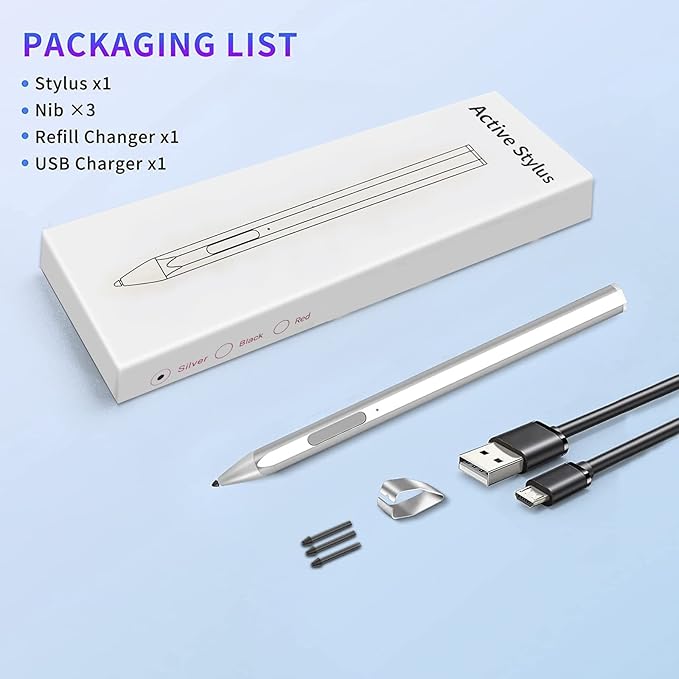 Stylus for Microsoft Surface Pro9/8/7/6/5/4/3/X Surface Laptop/Book/Studio Surface 3/Go/Go2/Go3 4096 Pressure Sensitivity Magnetic Attachment USB Charging Palm Rejection Function Silver