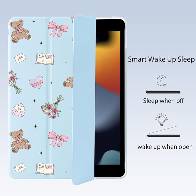 Cute Kawaii Bear Bunny Bow for iPad Pro 11 Inch Case 4th/3rd/2nd Generation 2022/2021/2020 with Pencil Holder Auto Sleep/Wake Blue Leather Soft TPU Back Cover