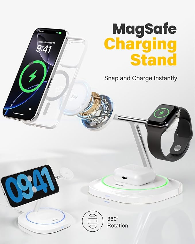 3 in 1 Magnetic Wireless Charger for Apple - Fast Charging Station Compatible with MagSafe for iPhone17-12 Apple Watch&amp AirPods Phone and Watch Charger Stand for Desktop Bedside Nightstand (Ivor