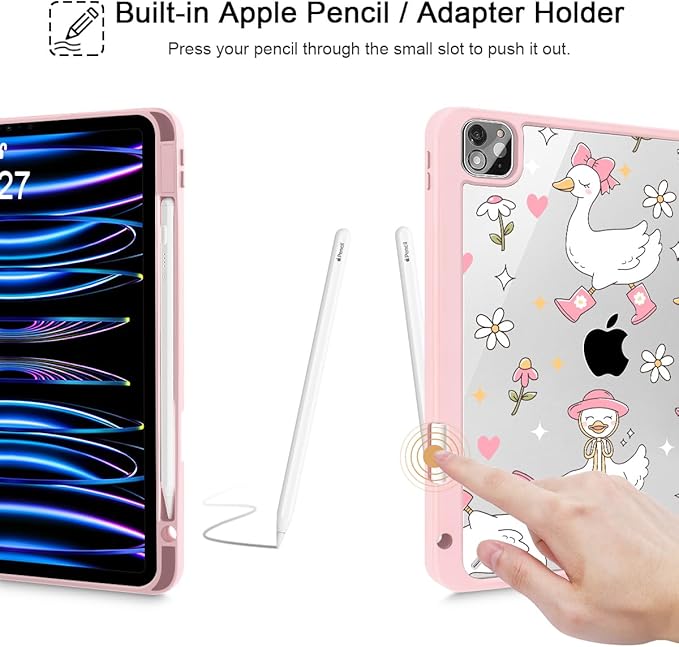 May Chen for iPad Pro 11 inch M2 4th Generation 2022 iPad Pro 11 3rd/2nd/1st Gen Built-in Pencil Holder with Shockproof Cover Clear Transparent Back Shell Auto Wake/Sleep Cute Goose Spring