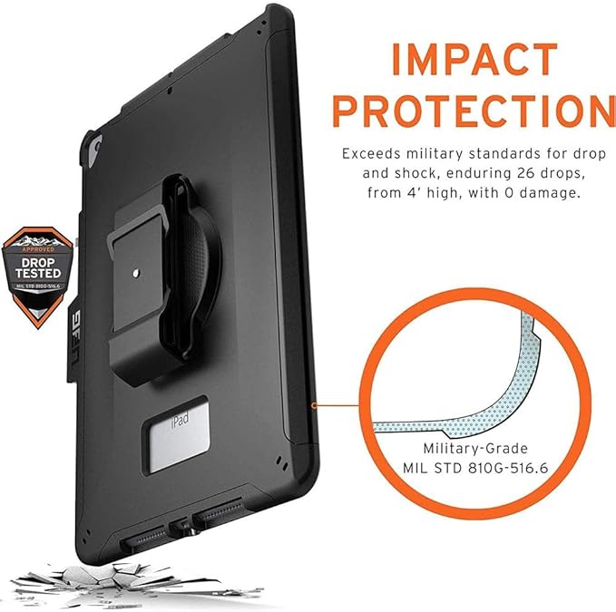 URBAN ARMOR GEAR UAG Designed for iPad 10.2 Case Black 9th Generation 2021 &amp 8th Gen 2020 w/Hand Strap Thin Slim Durable Protective Cover w/Pencil Holder &amp Asset Tag Window Scout Series