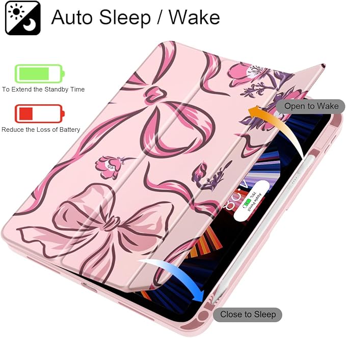 Mektron Case for 2026 iPad Air 13 inch M4 Cover Compatible 2025 iPad Air 13 inch M3 2024 iPad Air 13 inch M2 with Pencil Holder Shockproof Clear Shell Flowers-Bows-Pink