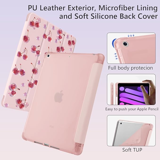 Kawaii Cute Cherry for iPad Air 3 Case with Pencil Holder Auto Sleep/Wake Pink Leather Soft TPU Back Cover for iPad Pro 10.5 Inch 2017