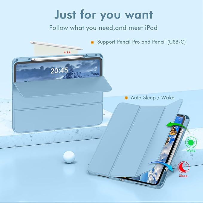 ZryXal New iPad Pro 13 Inch Case (M5) 2025 / (M4) 2024 with Pencil Holder Smart iPad Case [Support Pencil Pro and Pencil (USB-C)] Support Touch ID and Auto Wake/Sleep (Azure Blue)
